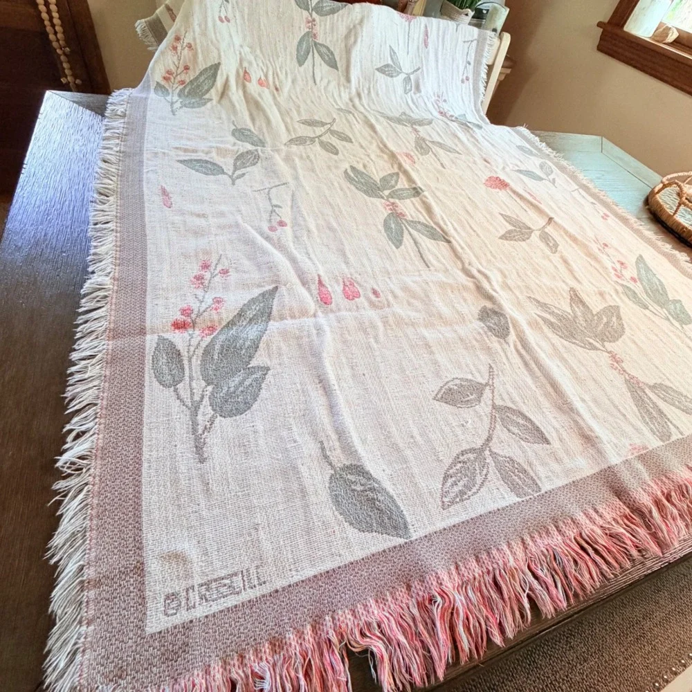 90s Cresswell 100% Cotton Woven Floral Throw Blanket Fringed Botanical 62x84